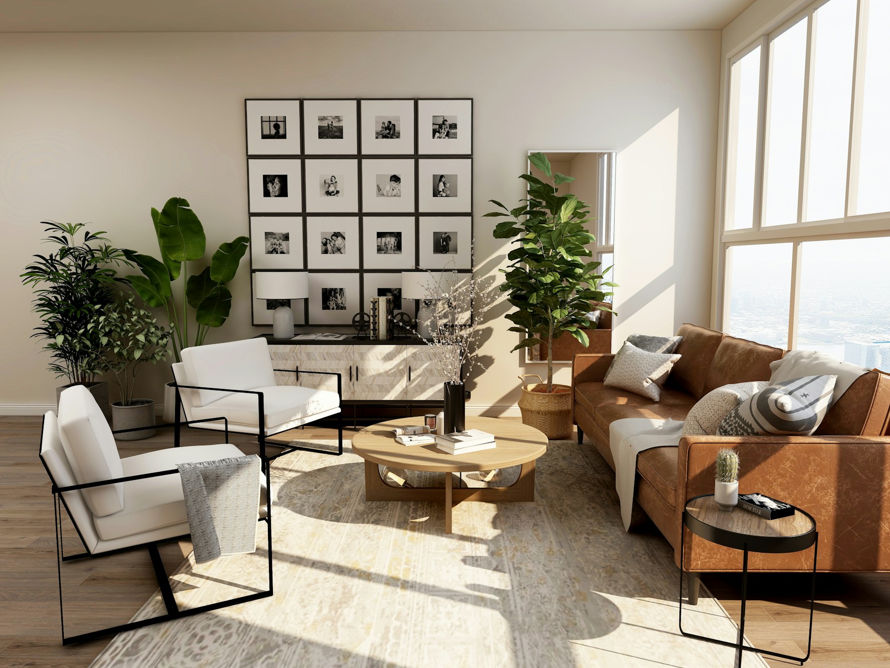Warm modern interior with installed wallcovering