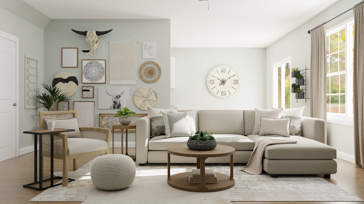 Living room with geometric wallpaper feature wall